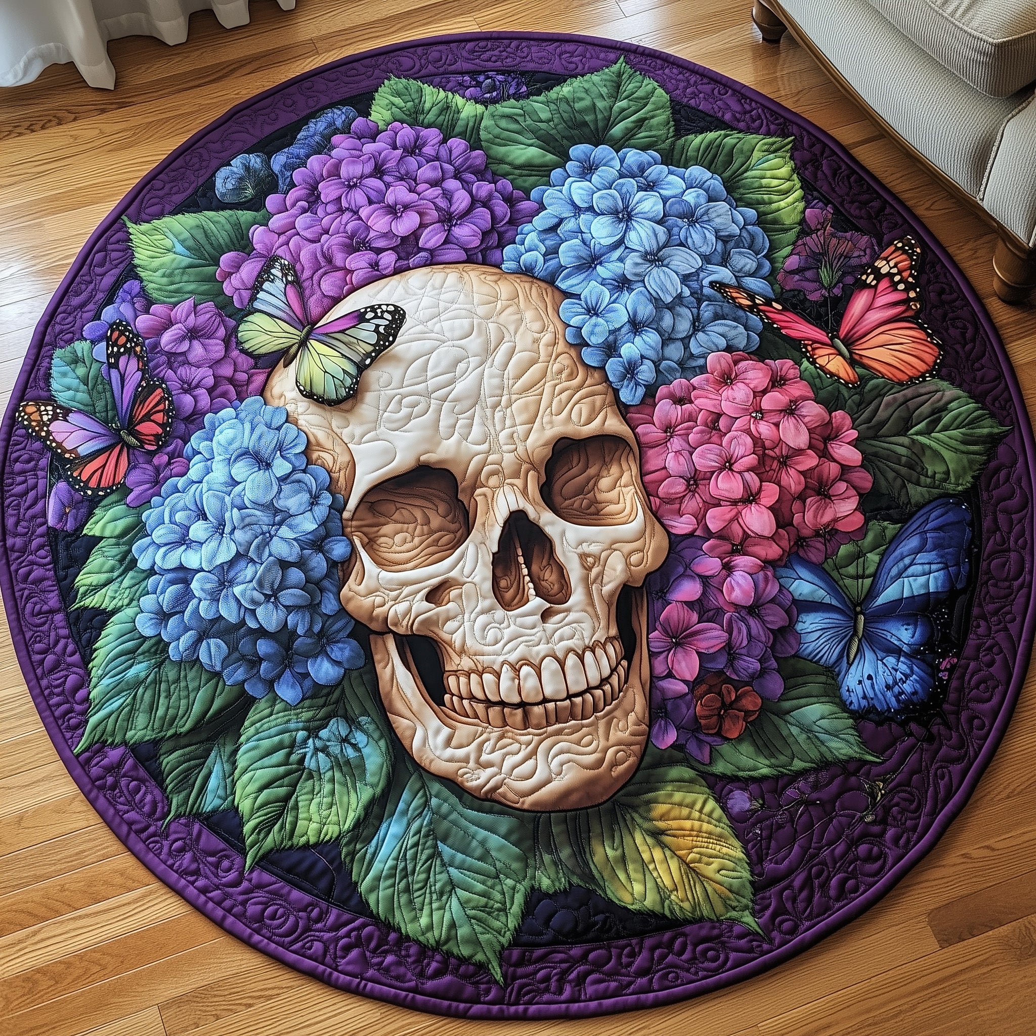Blooming Hydrangea Skull Quilted Round Mat Gift For Him