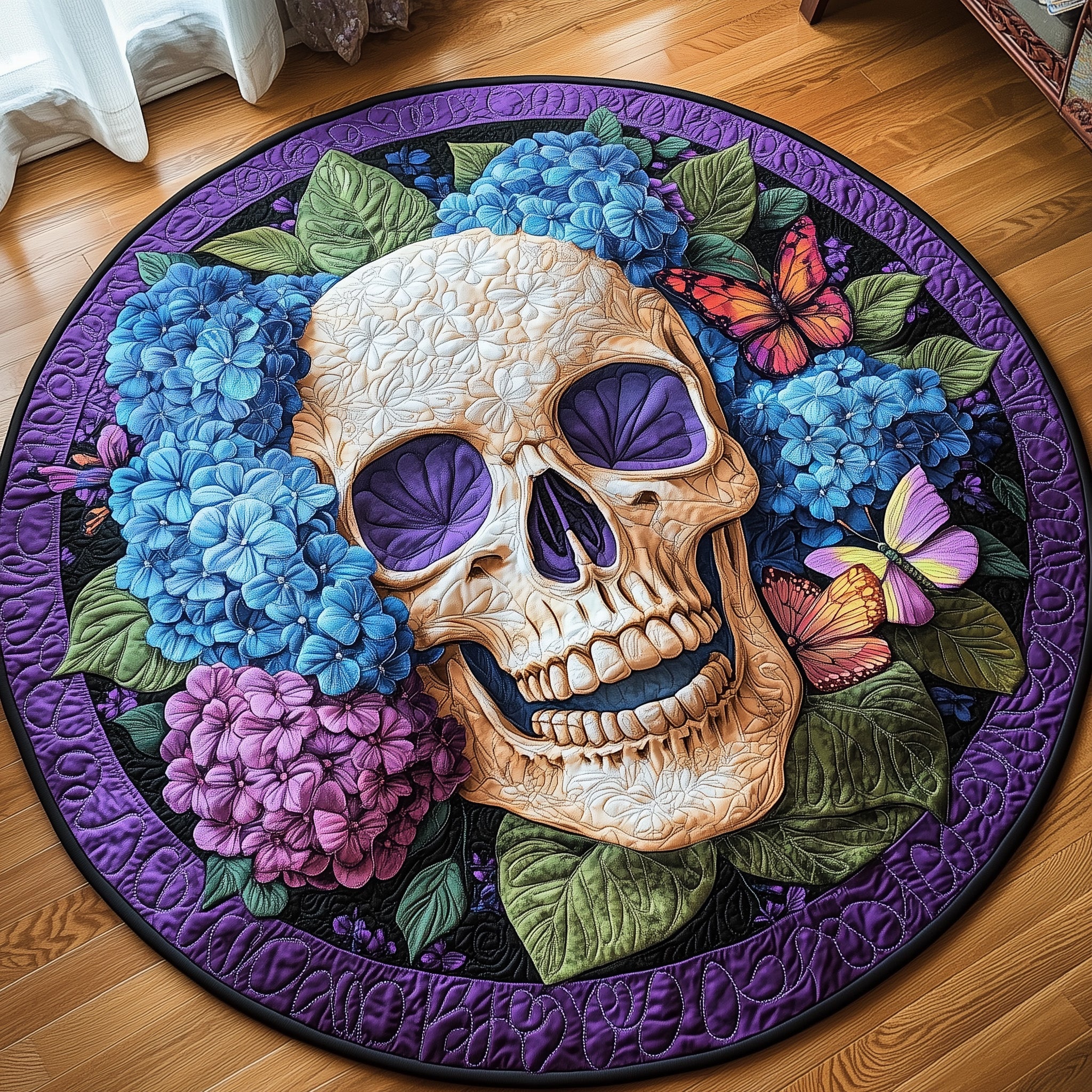 Blooming Hydrangea Skull Quilted Round Mat Trendy Quilted Round Mat That Adds Charm