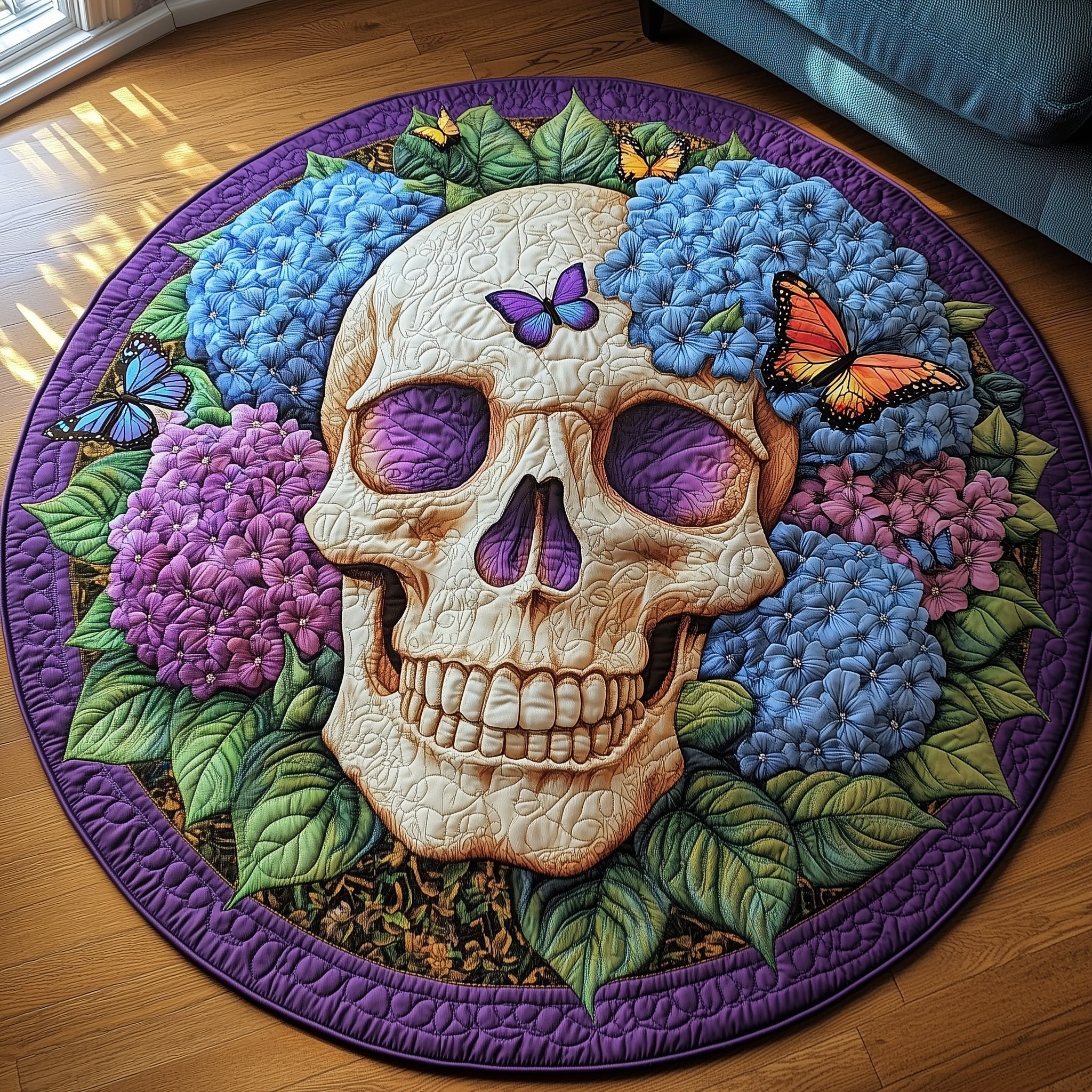 Blooming Hydrangea Skull Quilted Round Mat Vibrant Quilted Round Mat to Brighten Your Room