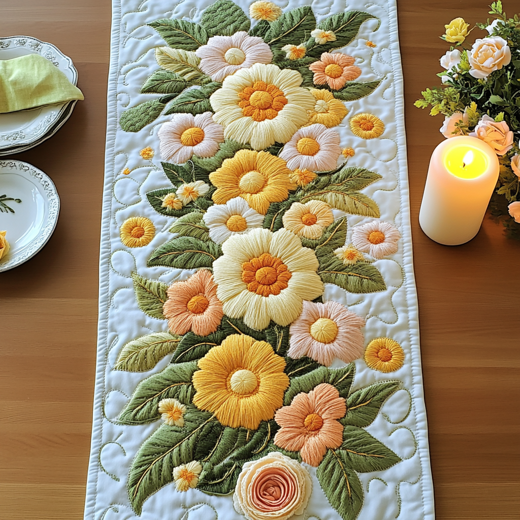 Blooming Joy Quilted Table Runner Dining Table Ideas Flower Daisy Gift Items