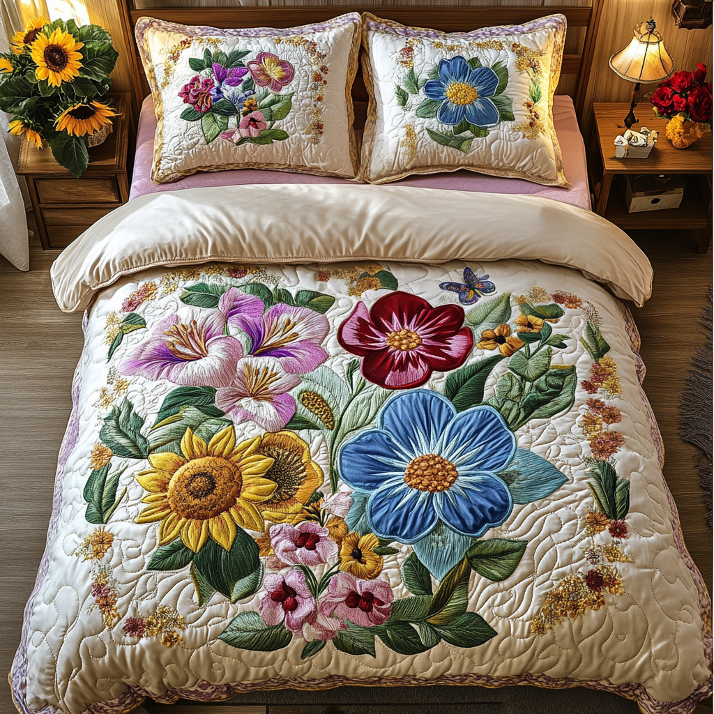 Blooming Paradise Quilted Bedding Set Best Comforter Sets Best Gifts For Flower Lovers