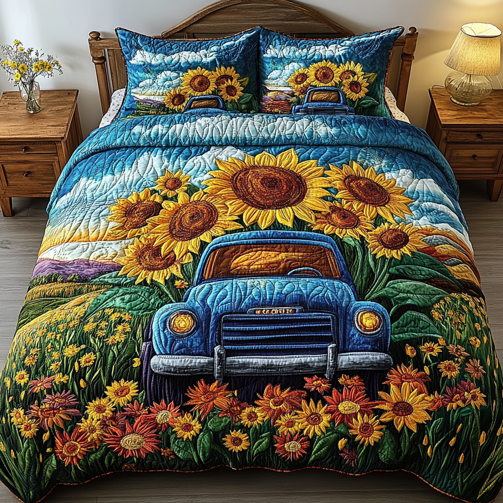 Blooming Path Quilted Bedding Set Unique Bed Sheet Set Gifts For Sunflower Lovers