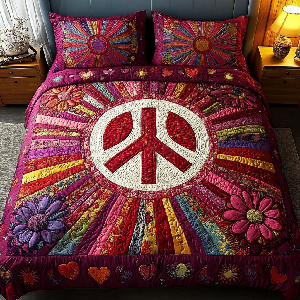 Blooming Peace Quilted Bedding Set Bed Decor Gifts For Hippy Mom