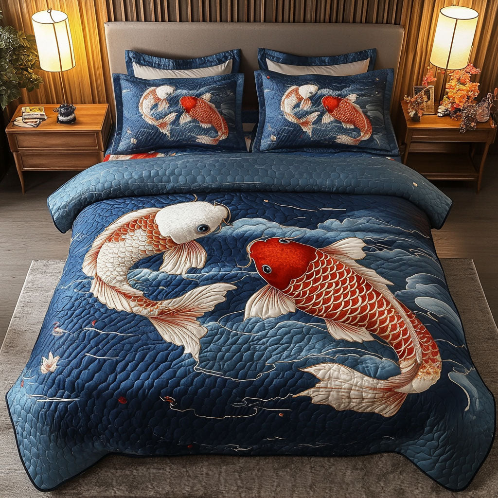 Blooming Pond Quilted Bedding Set Unique Bed Sheet Set Koi Fish Gifts
