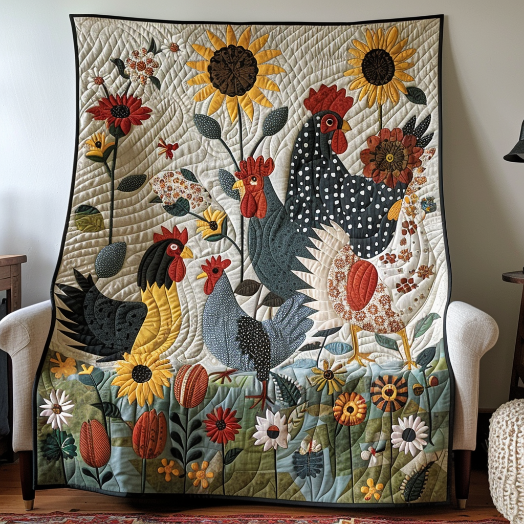 Blooming Poultry Quilted Blanket Chicken Gifts For Chicken Lovers
