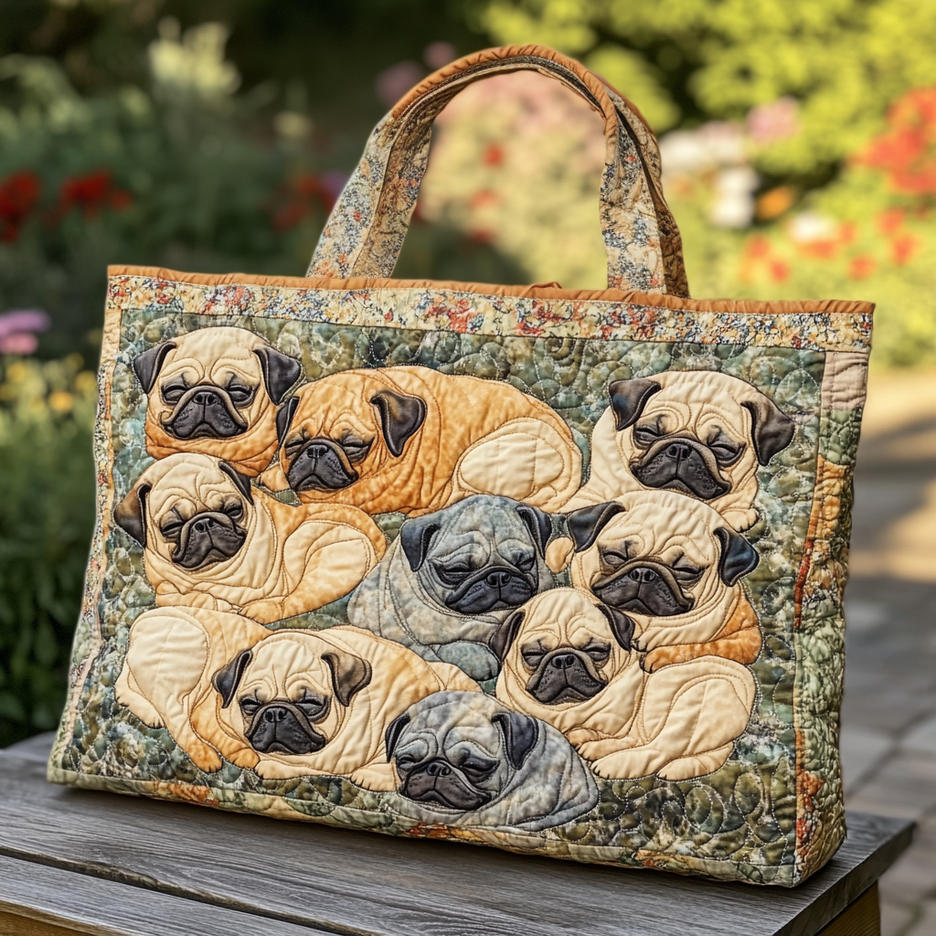 Blooming Pug Quilted Tote Bag Doggy Presents For Christmas