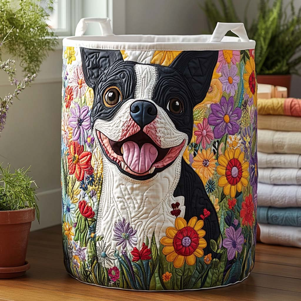 Blooming Pup Quilted Laundry Basket Useful Quilted Laundry Basket Gift for Housewarming