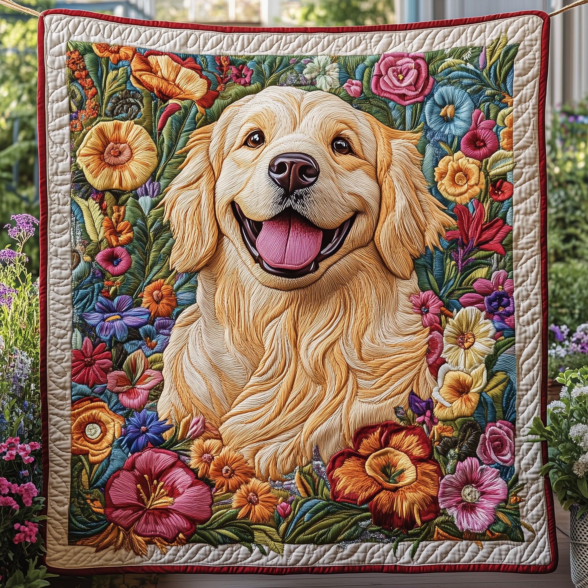 Blooming Retriever Quilted Blanket Merchandise Throw BlanketTop Gifts For Dog Lovers