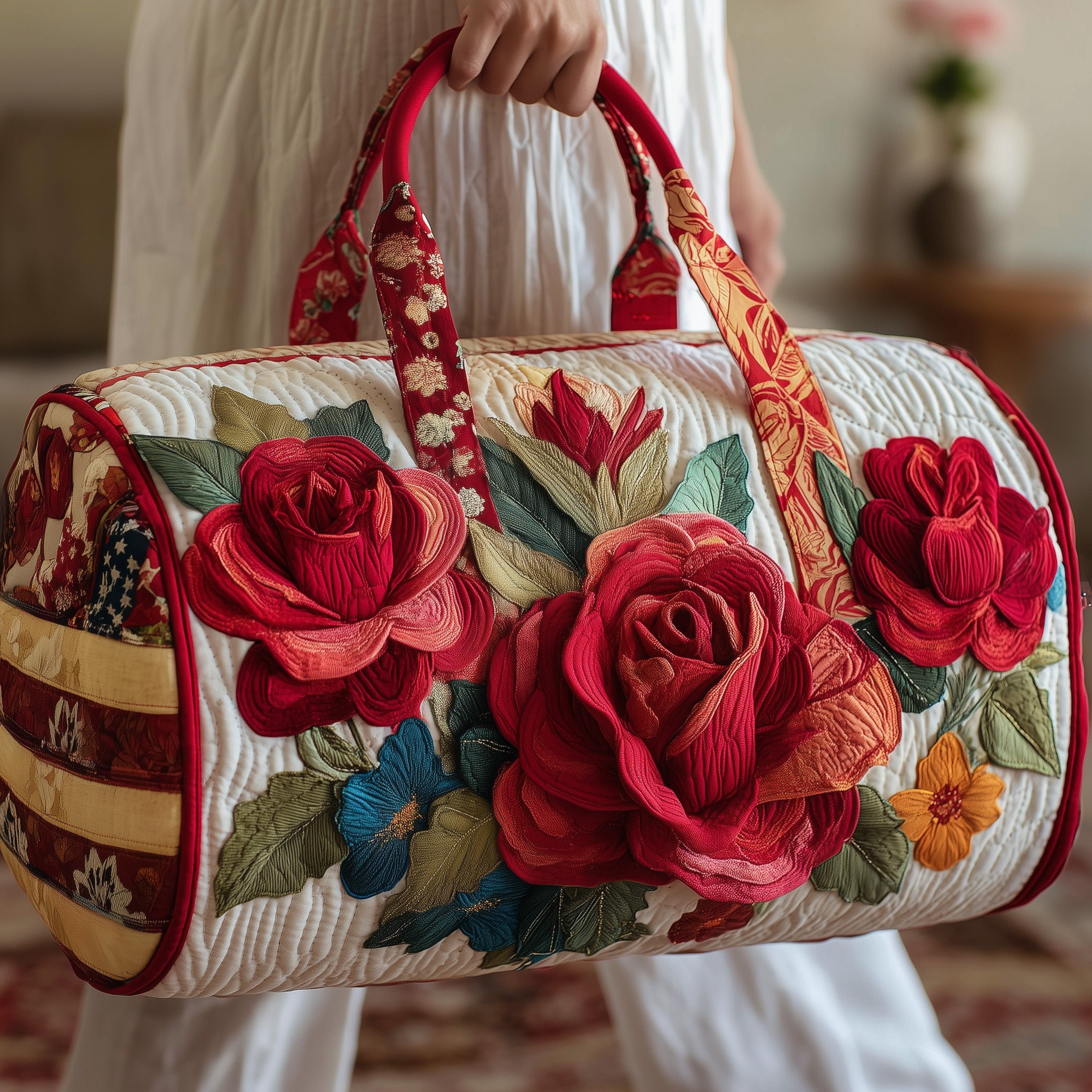 Blooming Roses Quilted Duffle Bag For Weekend Trips