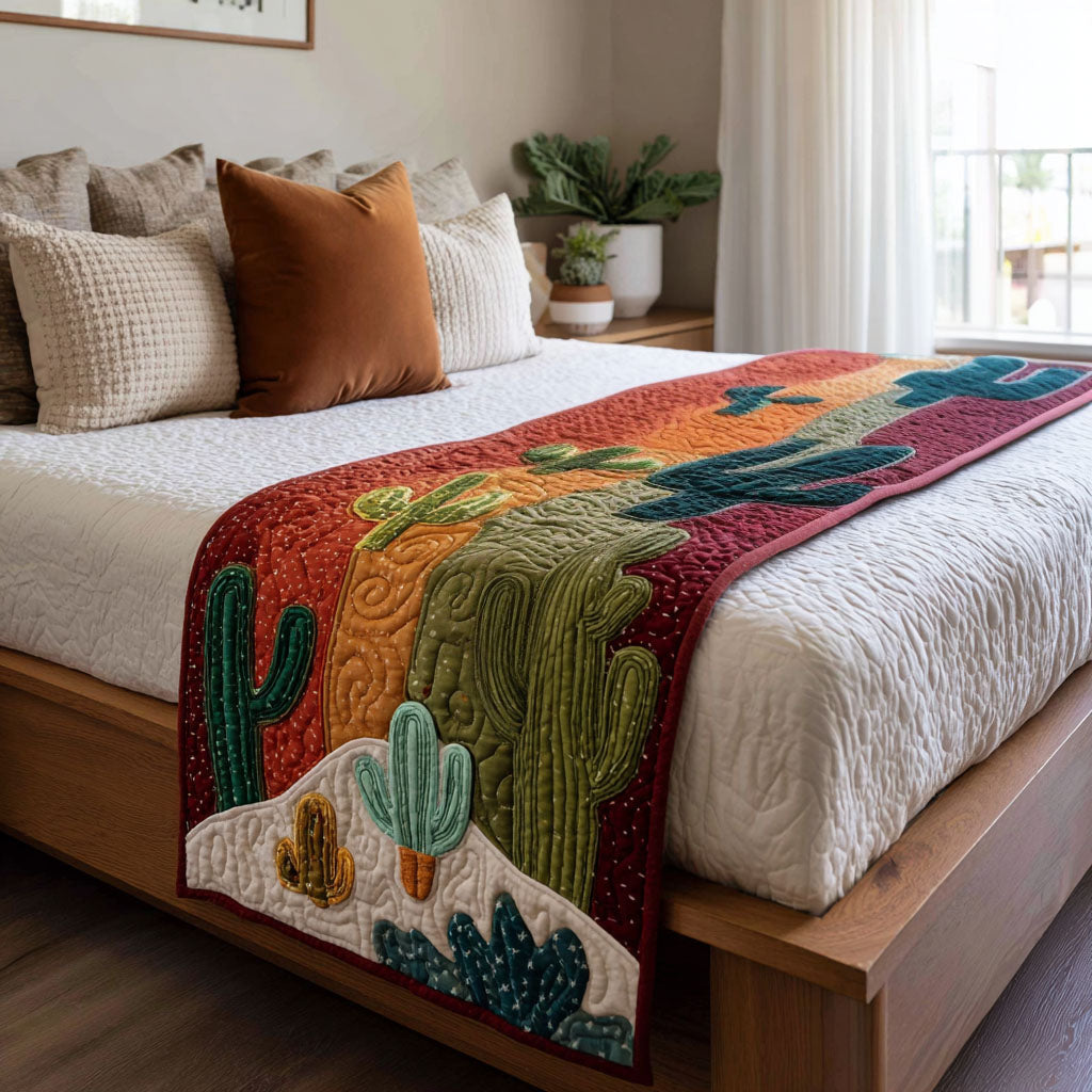 Blooming Saguaro Quilted Bed Runner Bed Room Decoration Great CactusLover Gifts