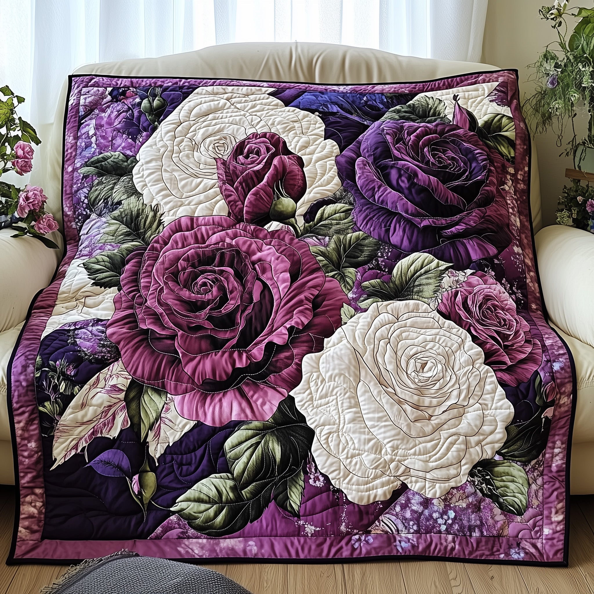 Blooming Serenity Quilted Blanket Sofa Throw BlanketFunny Christmas Gifts