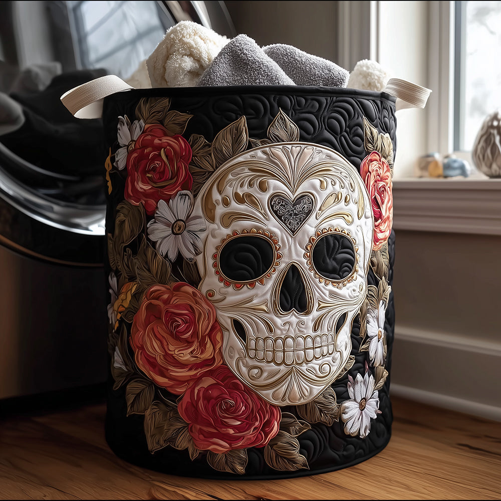 Blooming Skull Quilted Laundry Basket Merch For Family