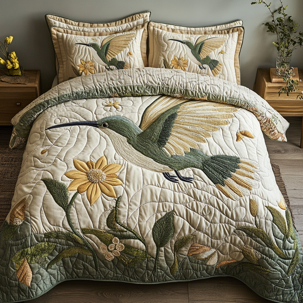 Blooming Sky Quilted Bedding Set Cute Room Decor Best Hummingbird Themed Gifts