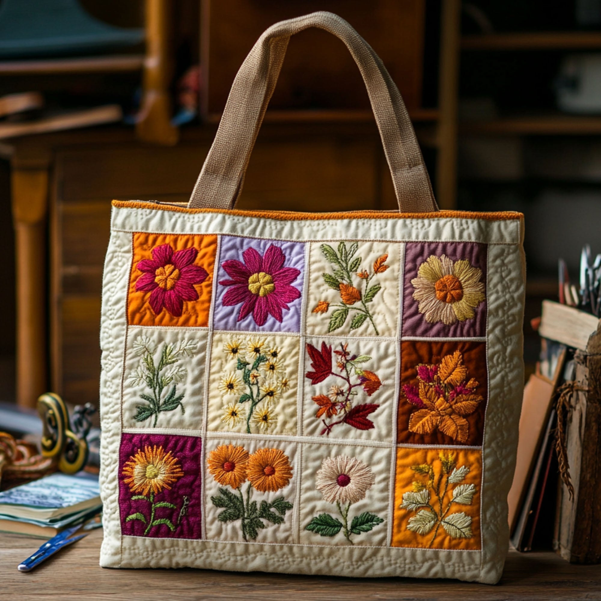 Blooming Stitches Quilted Tote Bag Autumn Themed Gifts