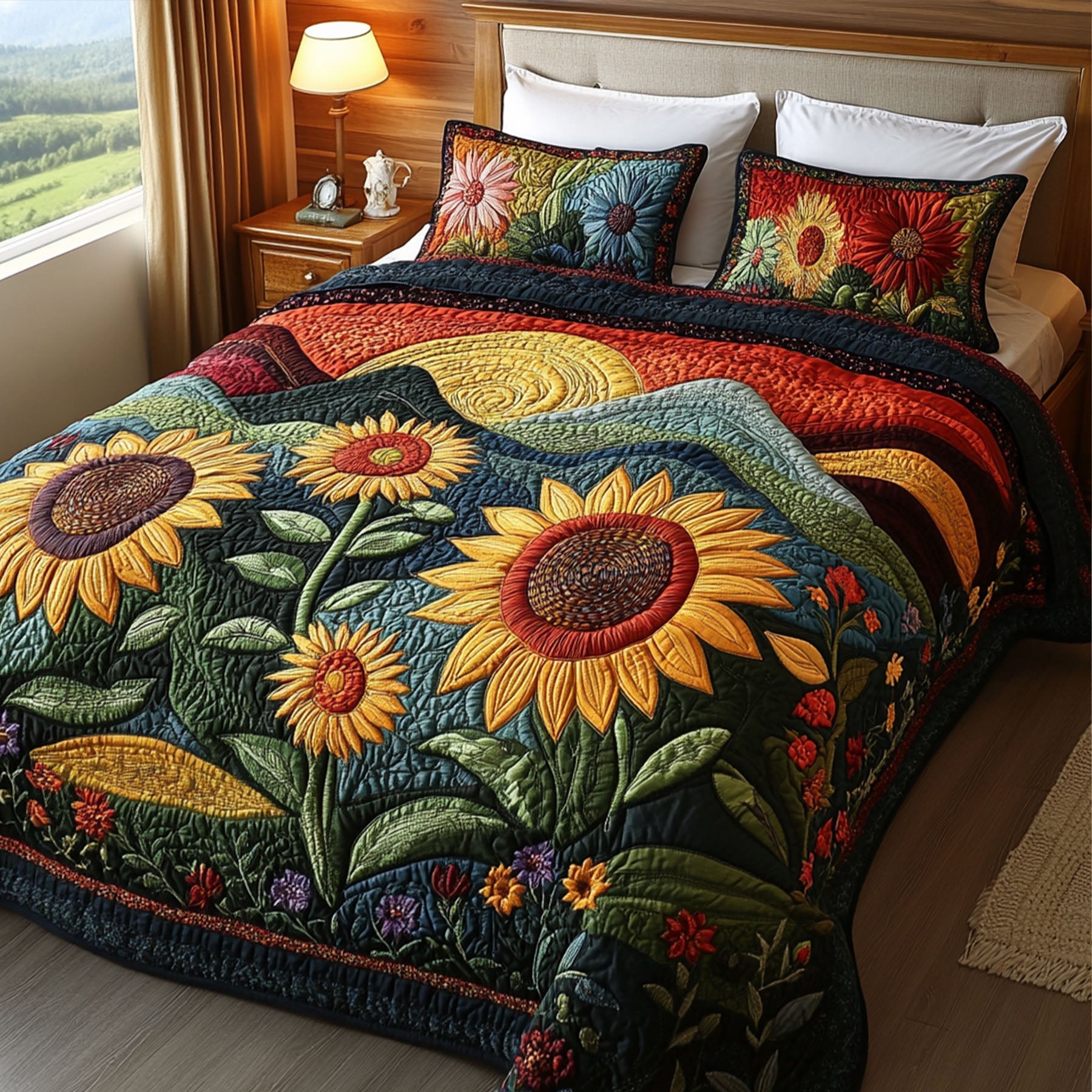 Blooming Sunscape Quilted Bedding Set Best Bed Sheet Set Sunflower Presents Merchandise