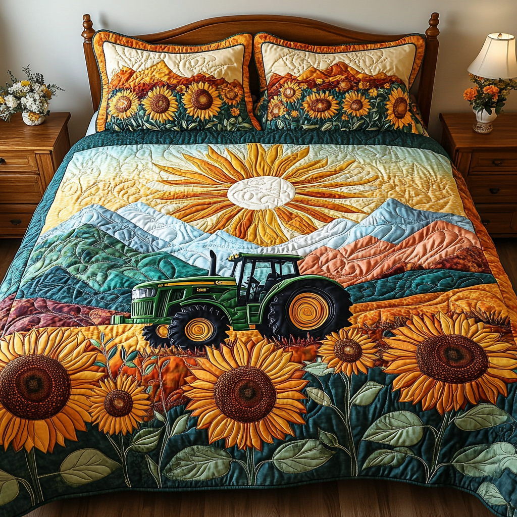Blooming Tractor Quilted Bedding Set Bed Room Decoration Gifts For Tractor Drivers