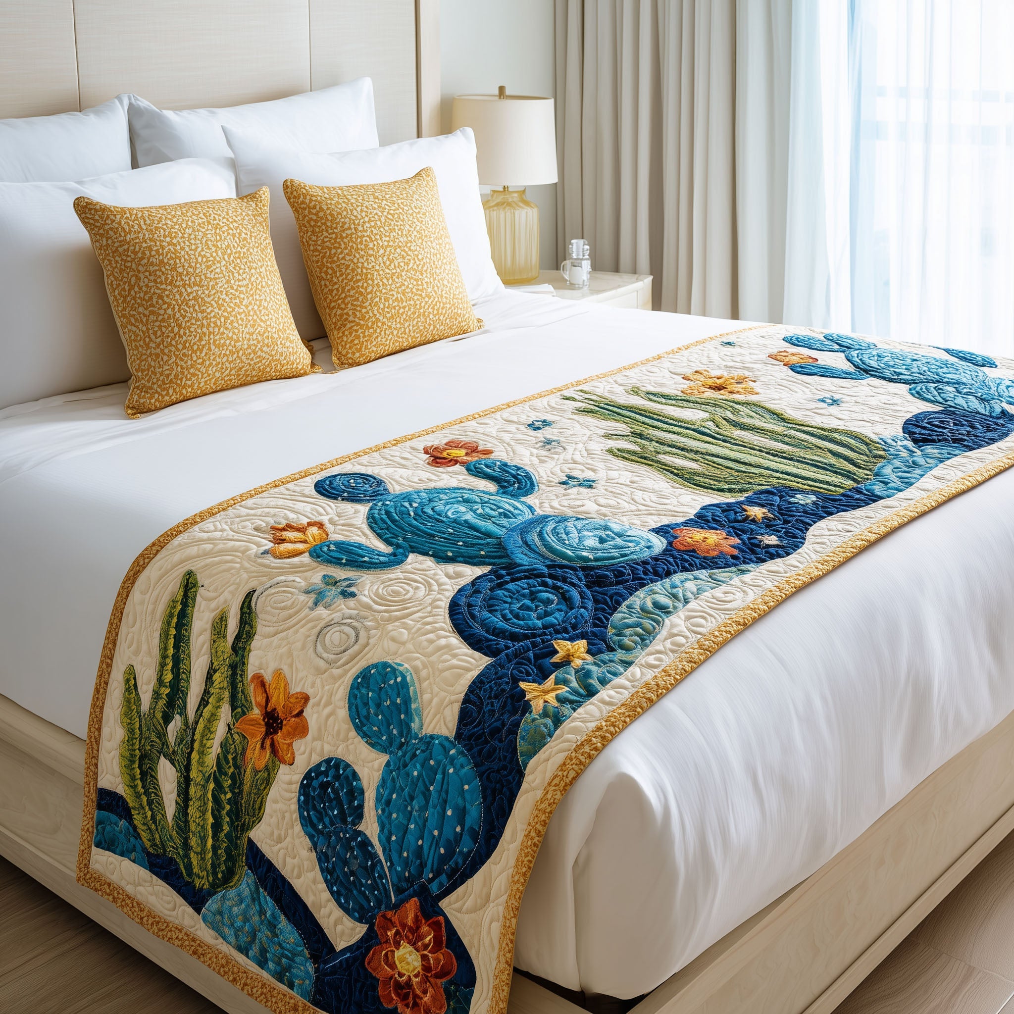 Blooming Trails Quilted Bed Runner Bed Decor Novelty Cactus Gifts