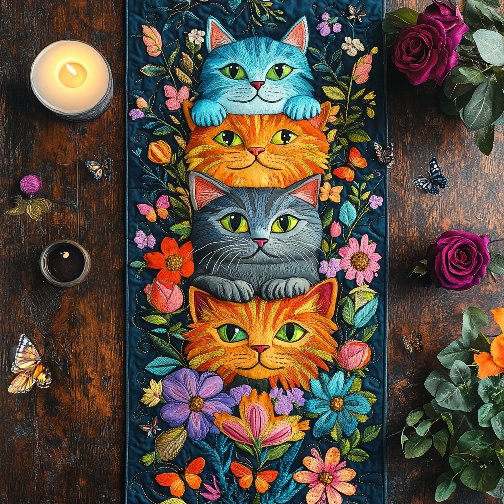 Blooming Whiskers Quilted Table Runner Dining Room Decor Ideas Presents For Cat Owners