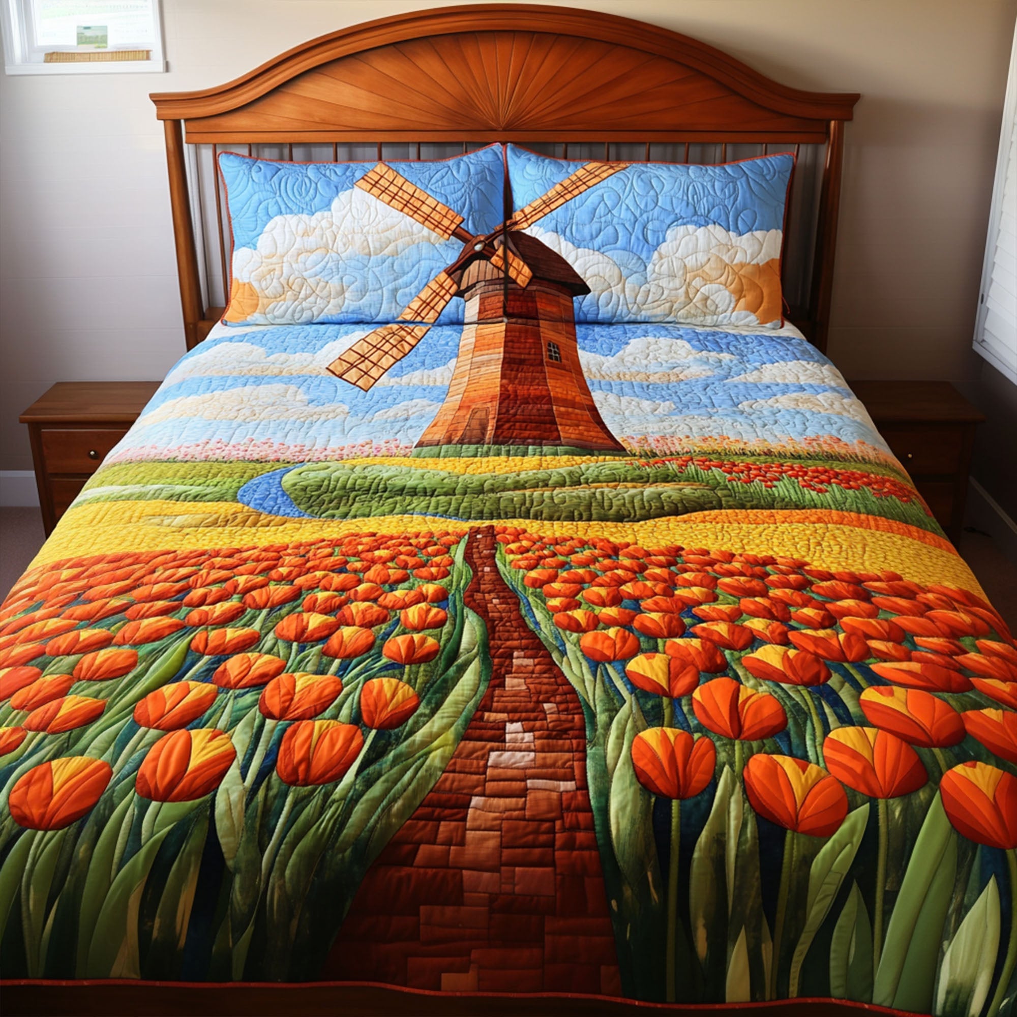Blooming Windmill Quilted Bedding Set Best Bedspread Set Family Present Ideas
