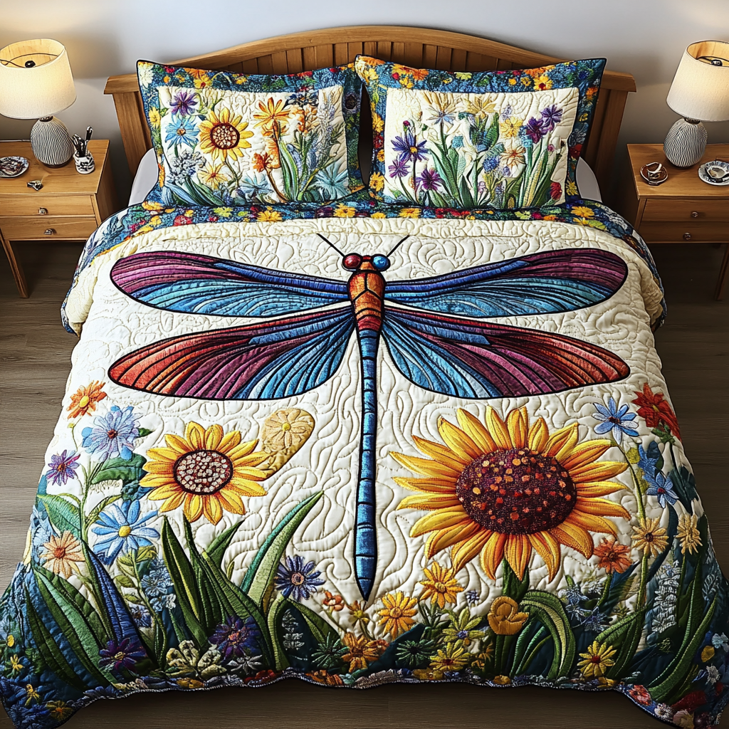 Blooming Wings Quilted Bedding Set Cute Bedroom Decor Best Dragonfly Lover Gifts For Her