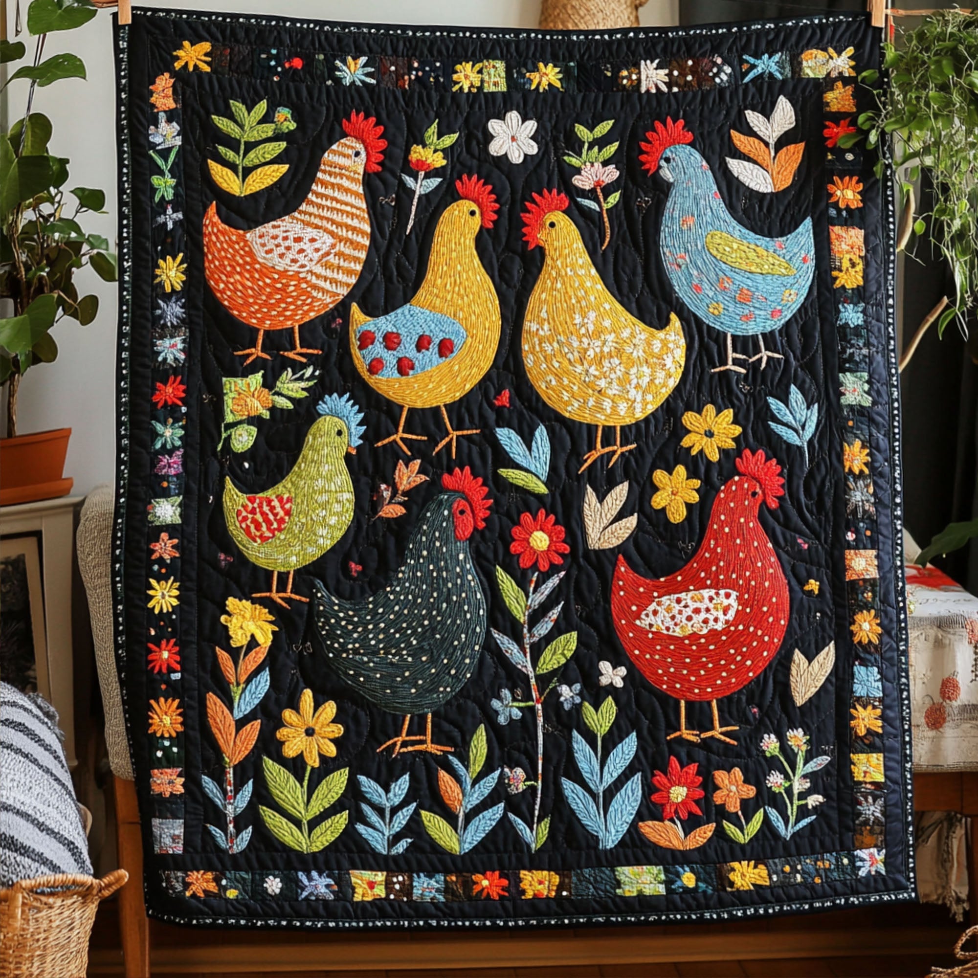 Blooms and Beaks Quilted Blanket Winter Decor Blanket Chicken Lover Presents