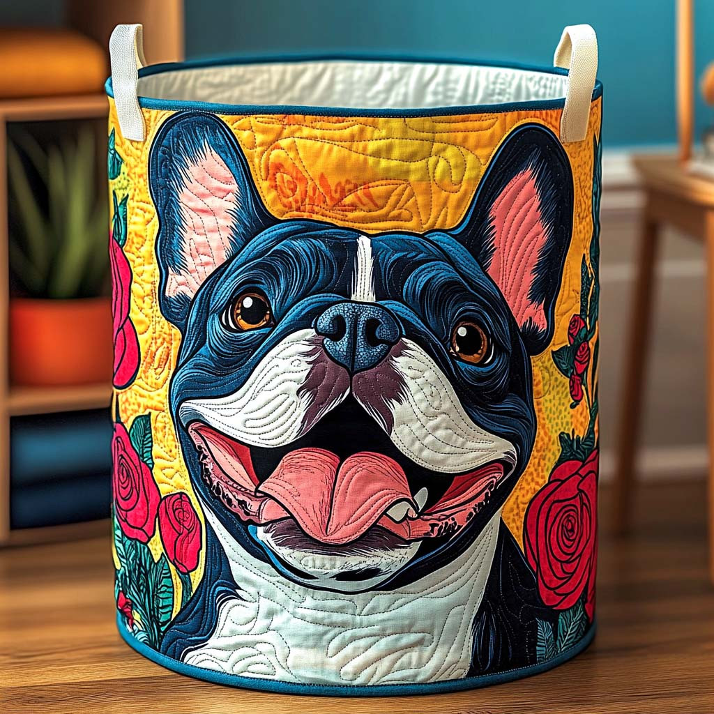 Bloomy Frenchie Smile Quilted Laundry Basket Compact Quilted Laundry Hamper for Small Spaces