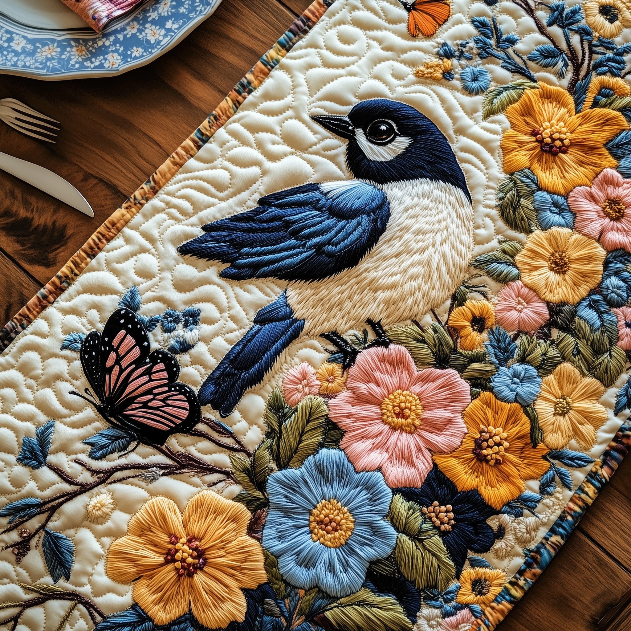 Blossom And Bluebird Quilted Table Runner Christmas Dining Table Runner