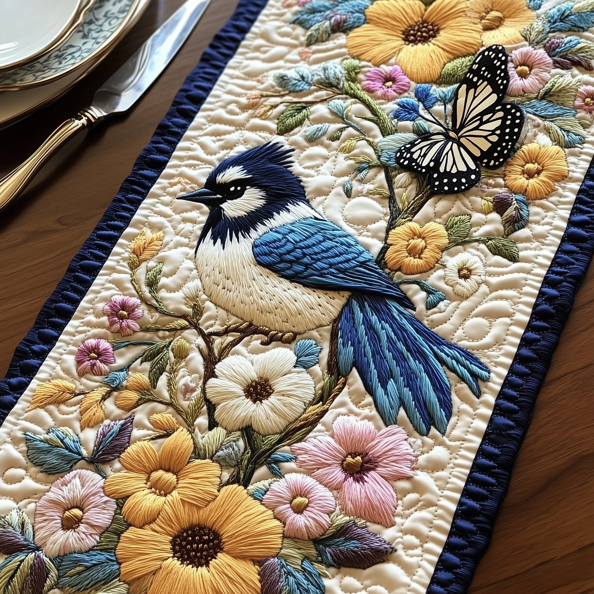 Blossom And Bluebird Quilted Table Runner Festive Christmas Dining Room Table Runner