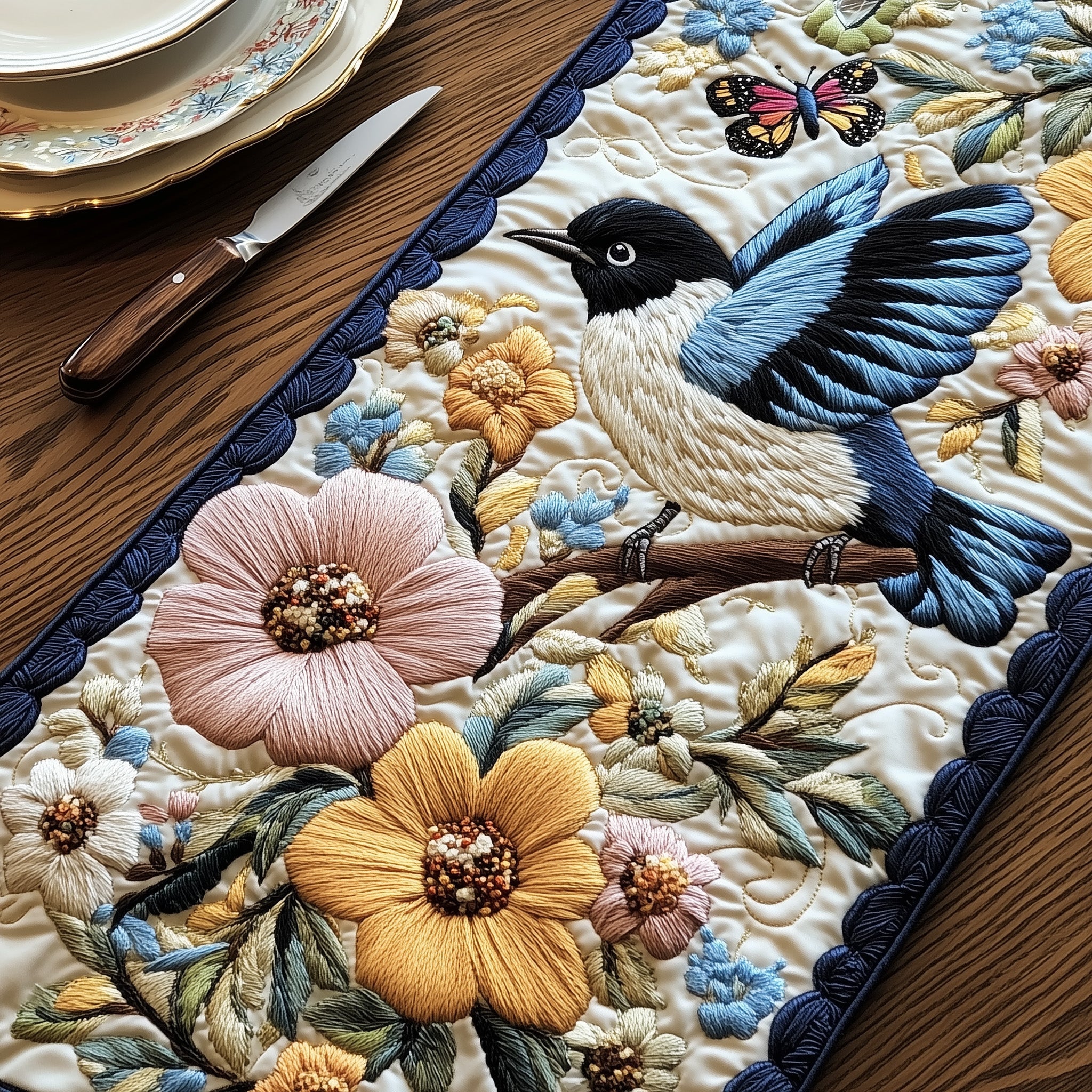 Blossom And Bluebird Quilted Table Runner Holiday Table Runner for Kitchen Decor