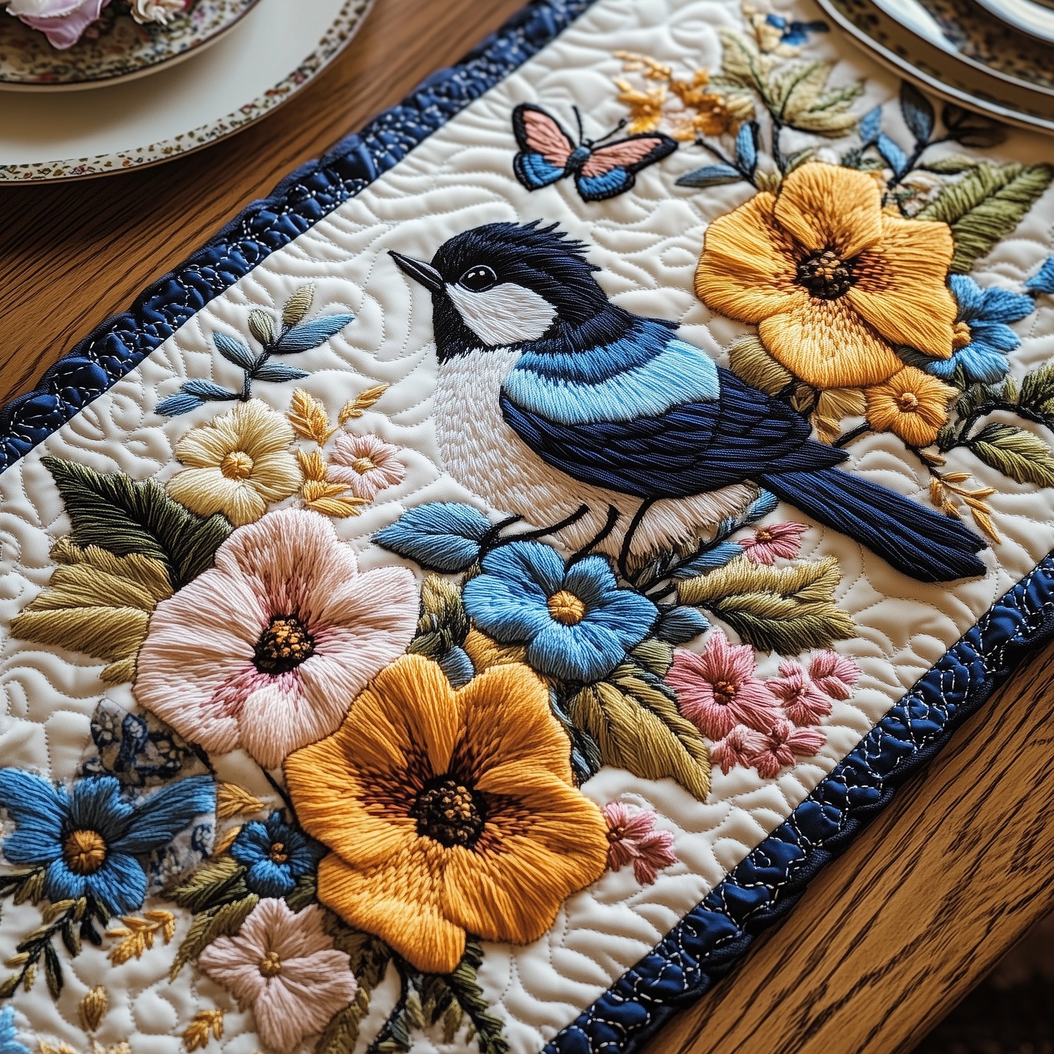Blossom And Bluebird Quilted Table Runner Table Runner Gift for Holiday Season