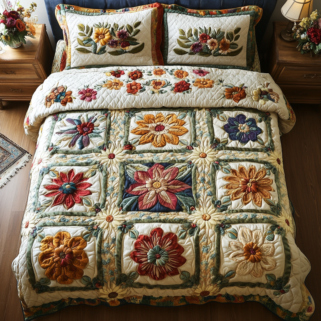 Blossom Bliss Quilted Bedding Set Bed Room Decoration Tulip Gifts For Her