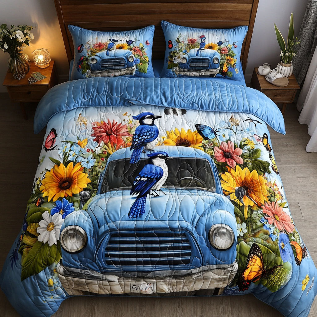 Blossom Blue Jays Quilted Bedding Set Cozy Bedroom Decor Great Gifts For Bird Lovers