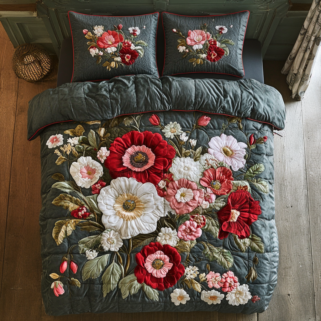 Blossom Charm Quilted Bedding Set Cute Room Decor Christmas Flower Gifts