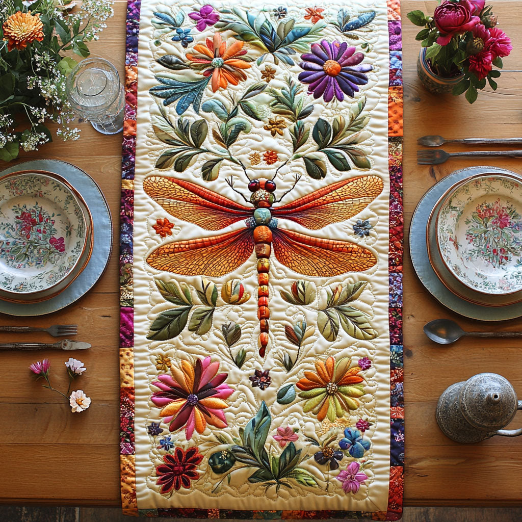 Blossom Dance Quilted Table Runner Dining Table Decor Dragonfly Gift For Adults