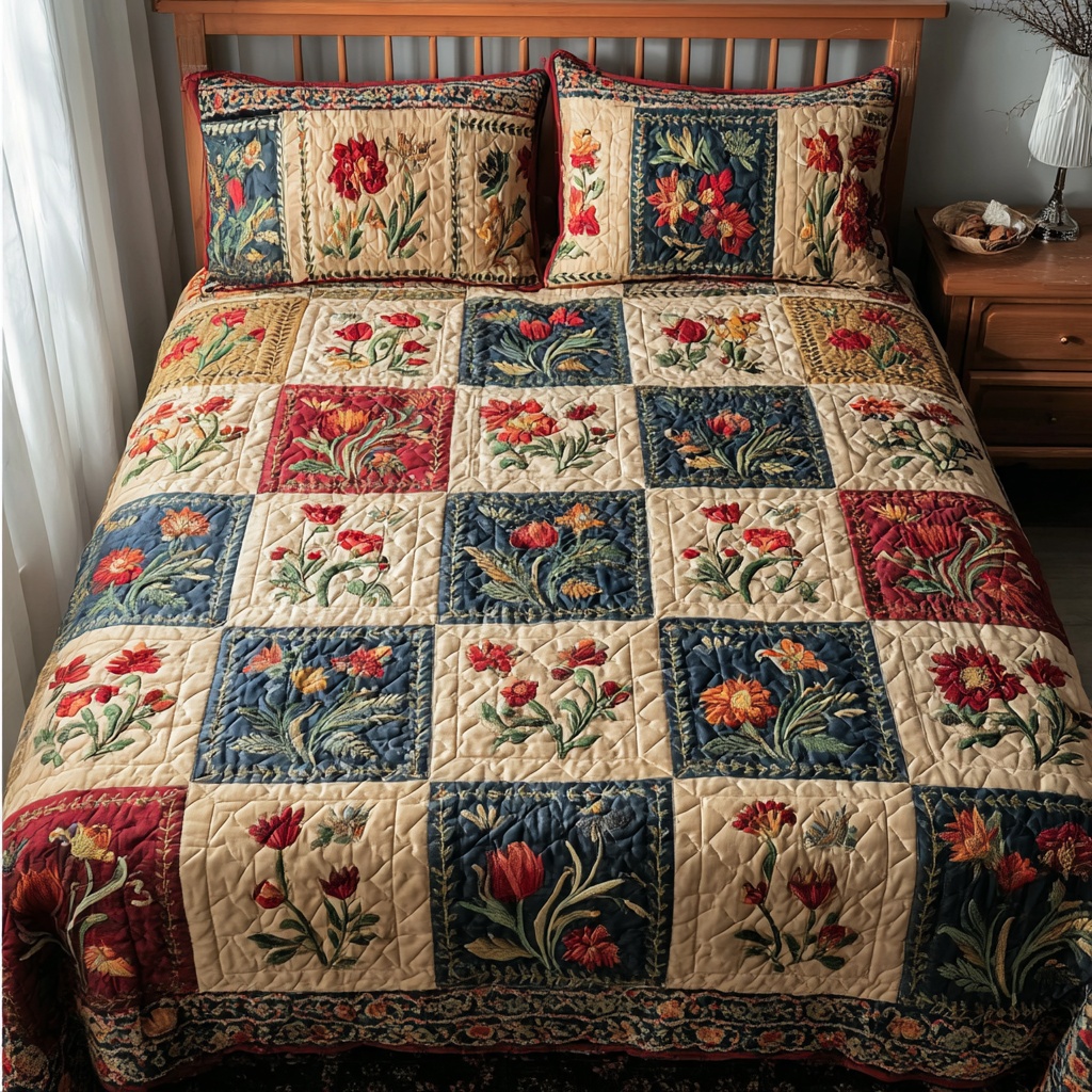 Blossom Field Quilted Bedding Set Spring Floral Bedroom Decor Best Gift For Flower Lovers