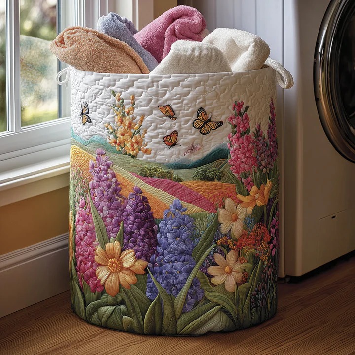 Blossom Field Wildflower Garden Quilted Laundry Basket Floral Home Storage Best Gift For Flower Lovers