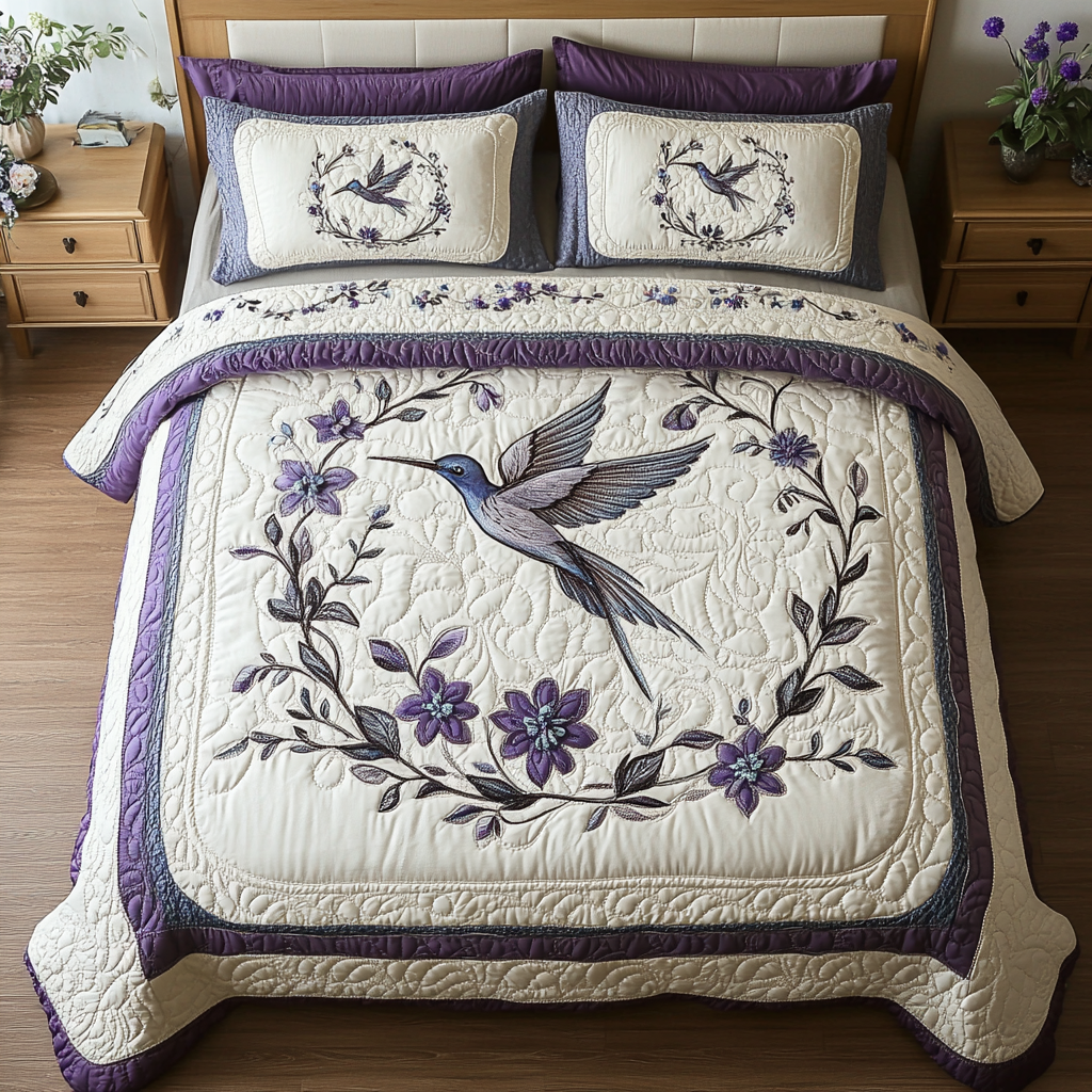 Blossom Flight Quilted Bedding Set Best Bedspread Set Hummingbird Gift Ideas