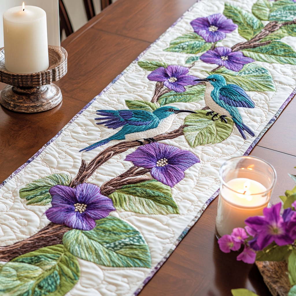 Blossom Glide Quilted Table Runner Dinner Table Decor Hummingbird Themed Gift Items