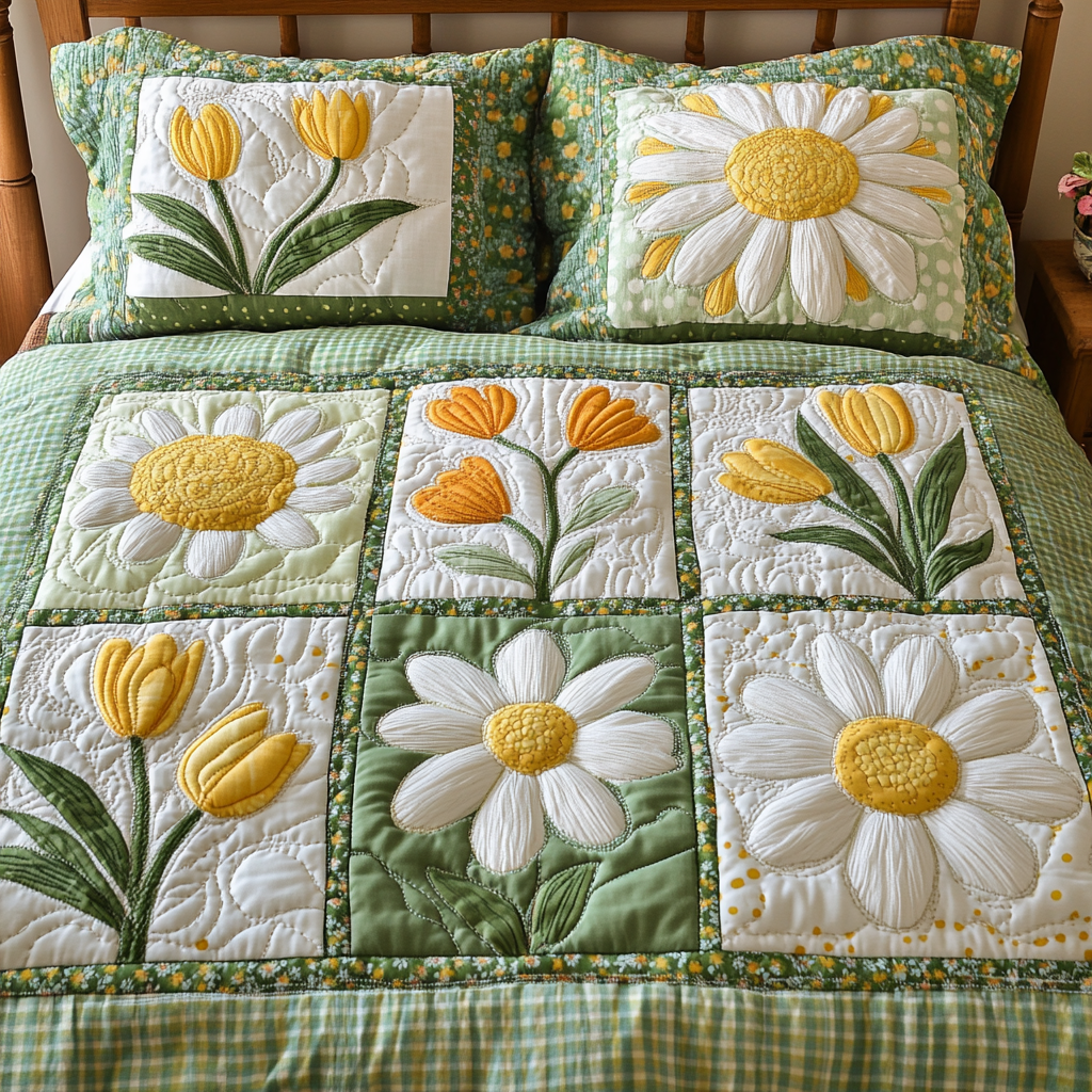 Blossom Haven Quilted Bedding Set Cute Bedroom Decor Tulip Gifts For Family