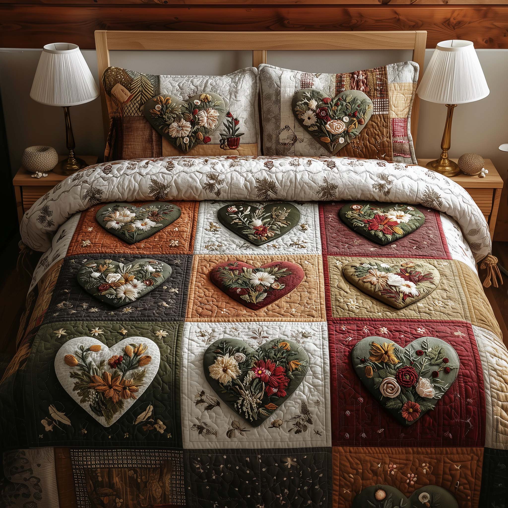 Blossom Heart Patchwork Quilted Bedding Set Romantic Floral Bedroom Decor Gift For Couples
