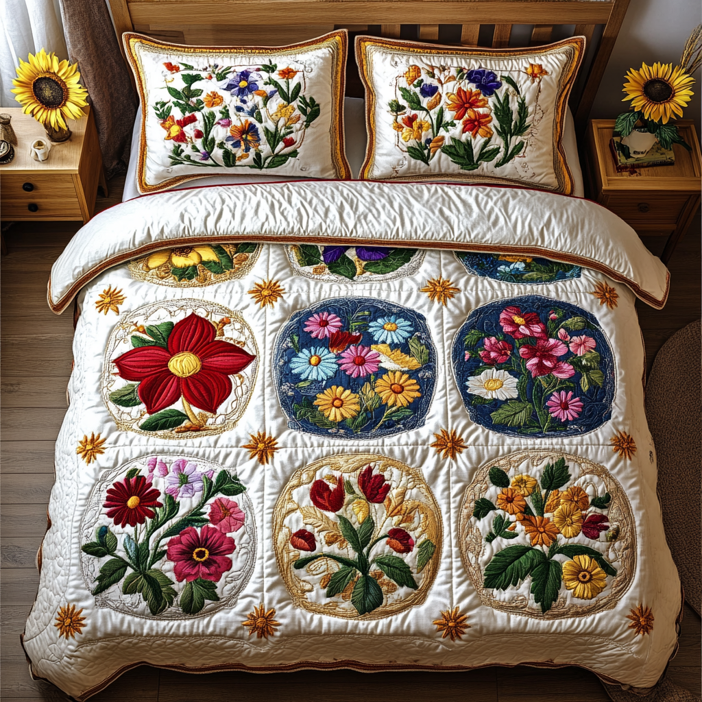 Blossom Meadow Quilted Bedding Set Bed Room Decoration Gifts For Flower Enthusiasts