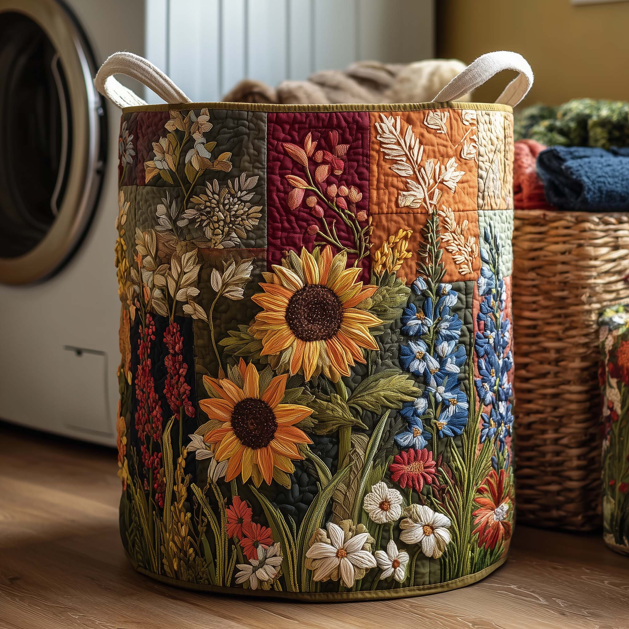 Blossom Mood Quilted Laundry Basket Nature Themed Trendy Home Decor Sunflower Lover Gifts