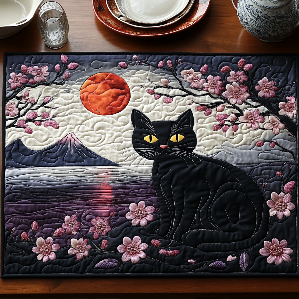 Blossom Mountain Cat Quilted Table Runner Dining Room Table Decor Gifts For Black Cat Lovers
