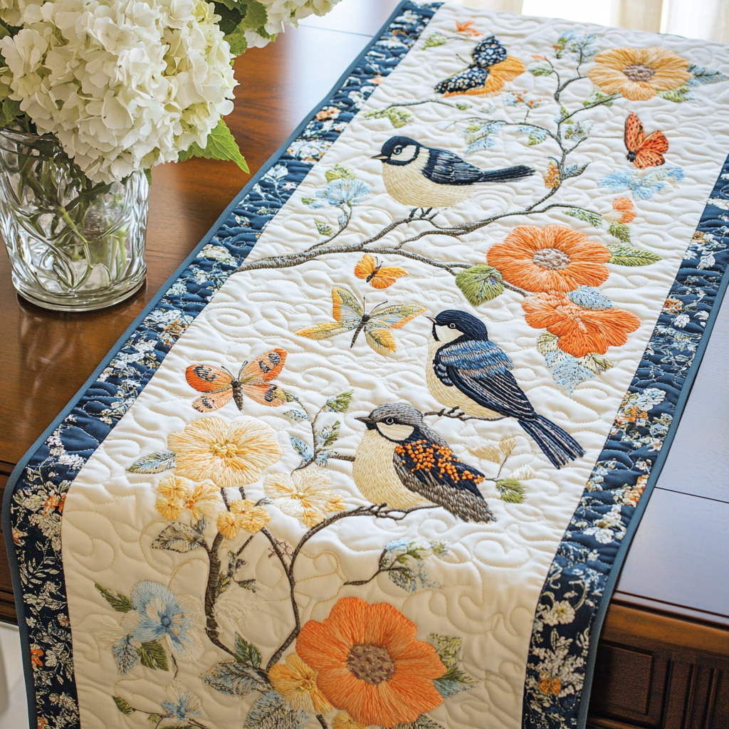 Blossom Parade Quilted Table Runner Dining Room Table Decor Bird Gifts For Bird Lovers