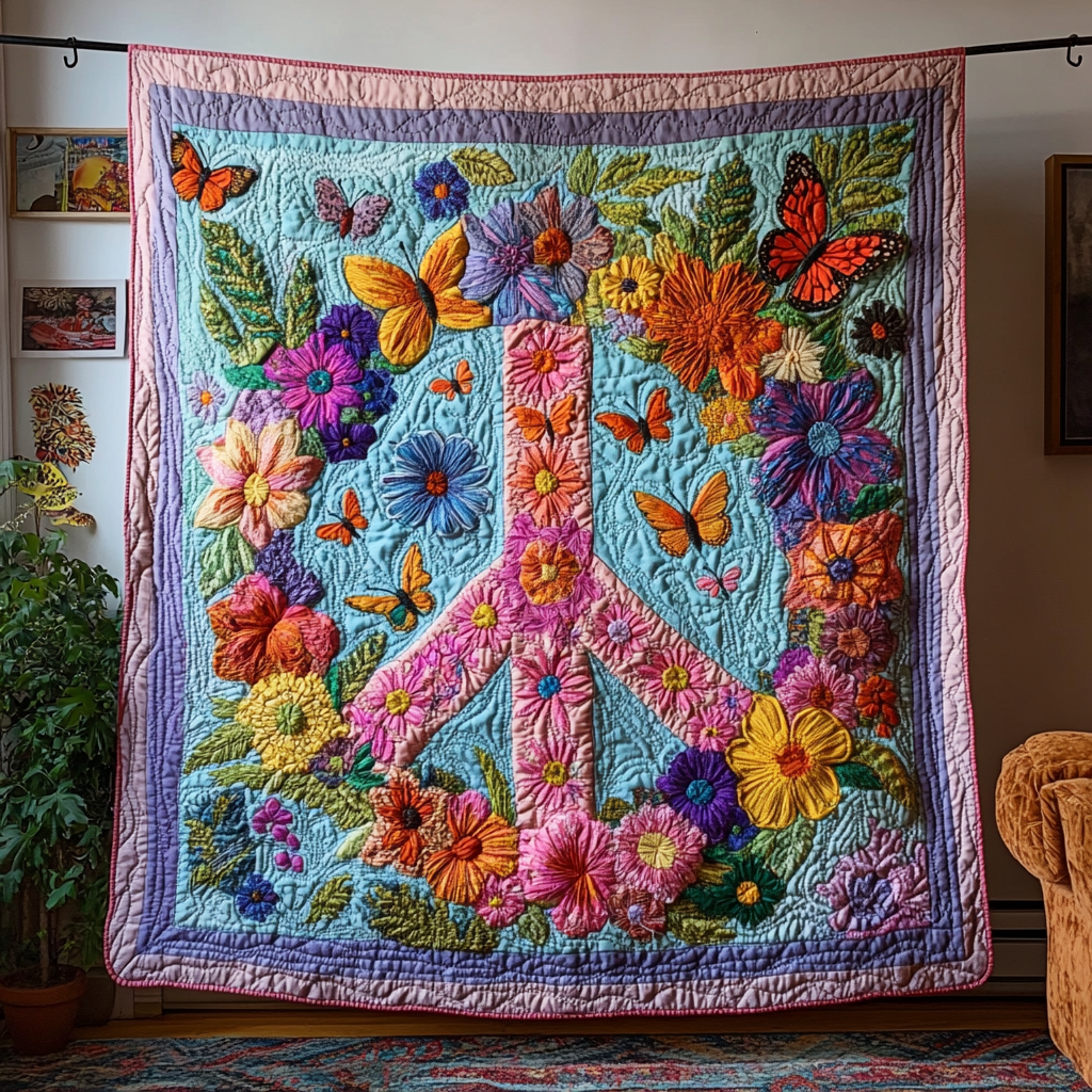 Blossom Peace Quilted Blanket Best Throw Blanket Christmas Gifts For Hippie Mom