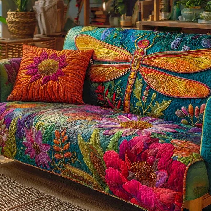 Blossom Symphony Dragonfly Quilted Sofa Cover Boho Nature Furniture Protector Gift For Her