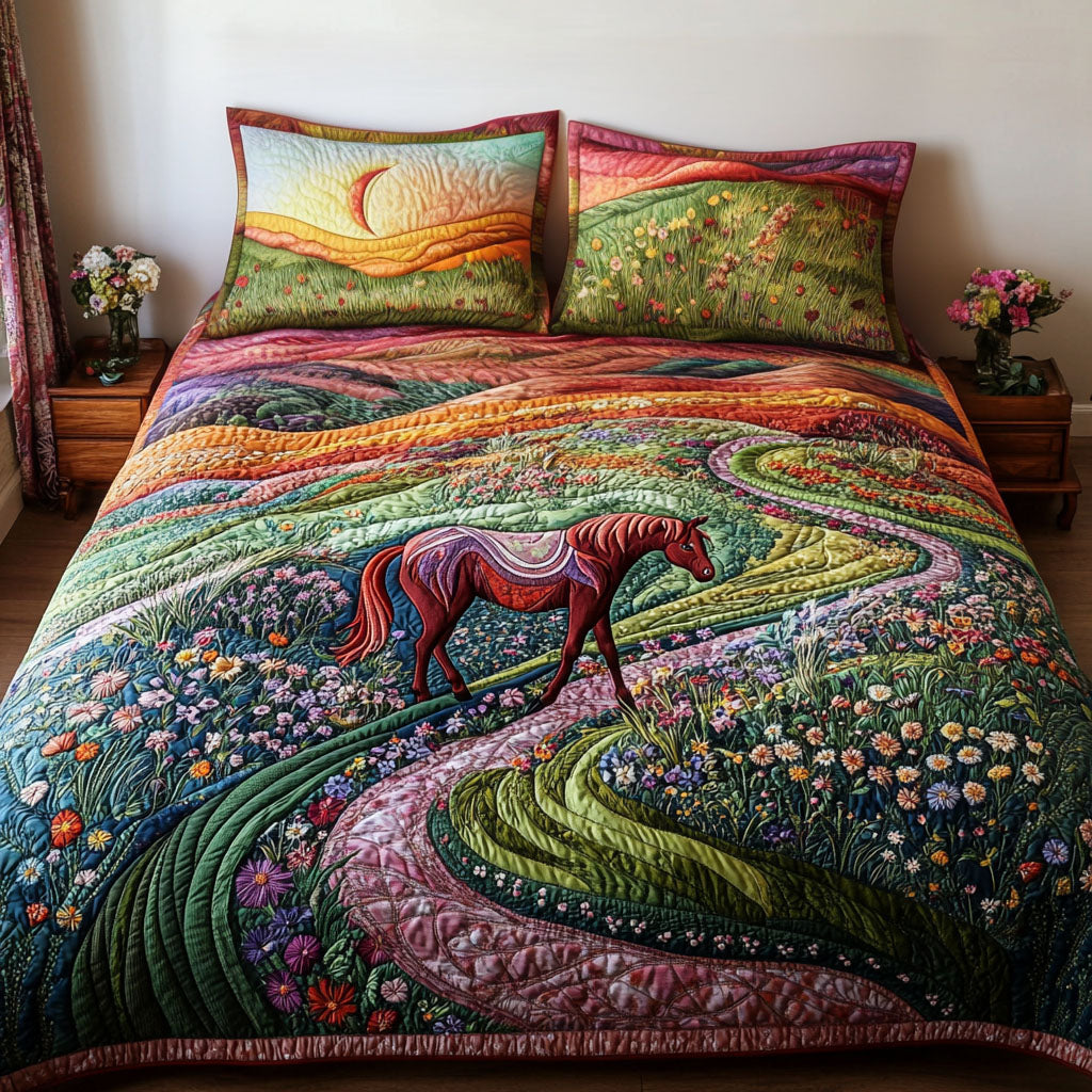 Blossom Trail Horse Quilted Bedding Set Best Bed Sheet Set Best Gifts For Horse Owners