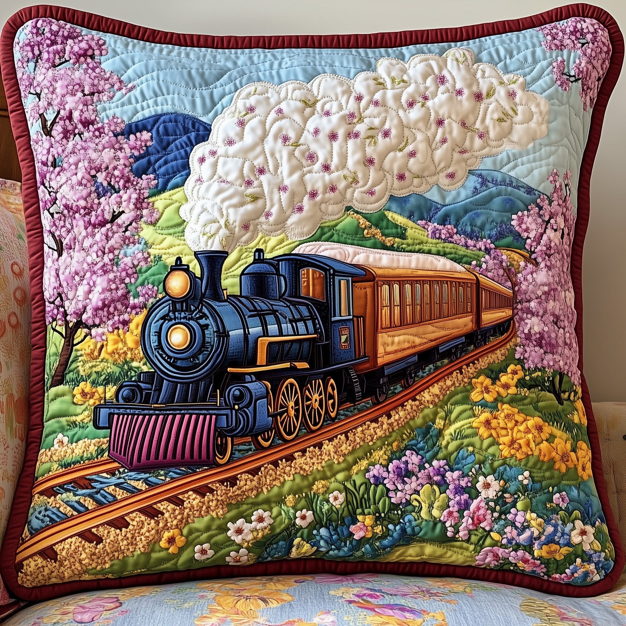 Blossom Trail Quilted Pillow Case Throw Pillow Cover ItemGifts For Train Enthusiasts