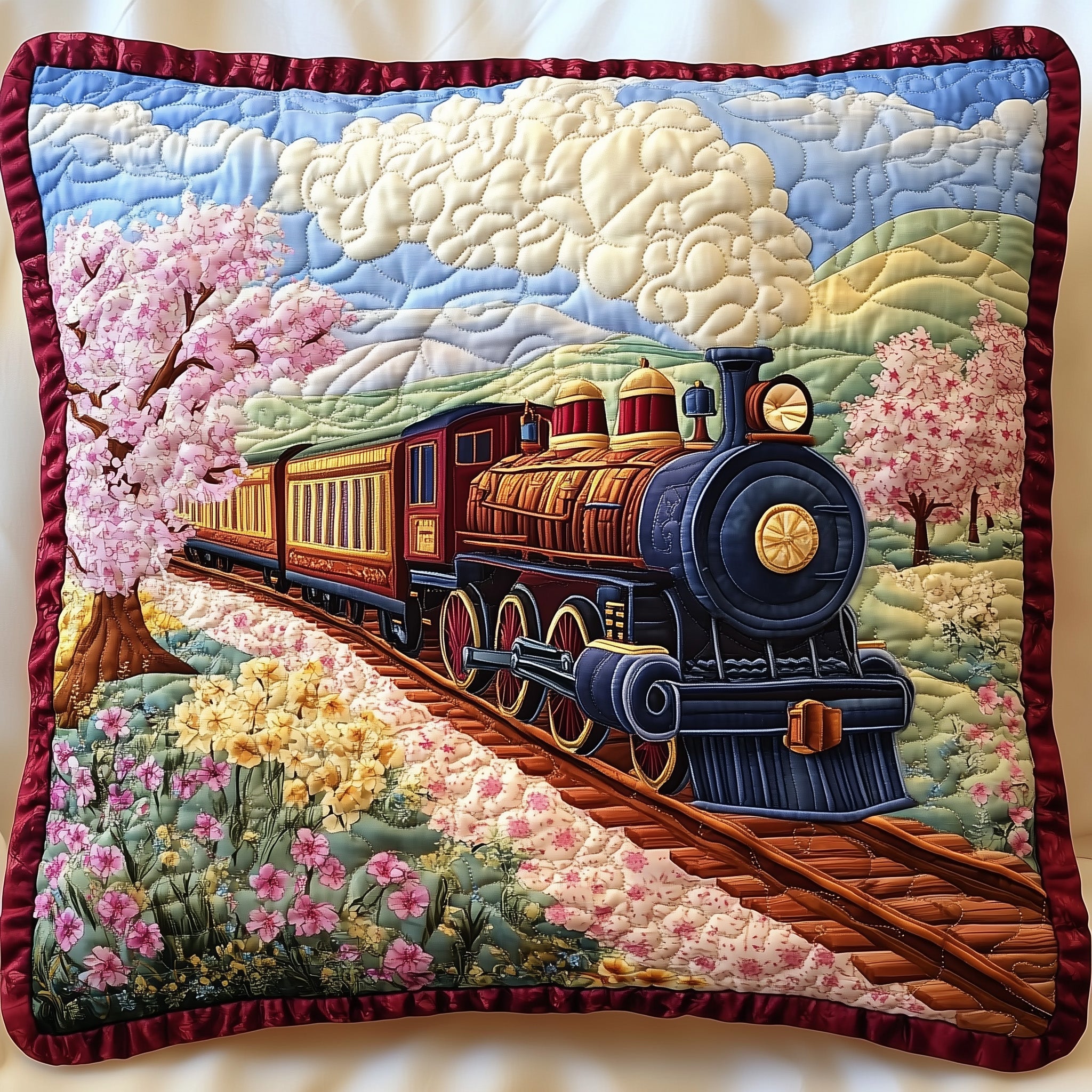Blossom Trail Quilted Pillow Case Throw Pillow Cover ItemGifts For Train Lovers Christmas