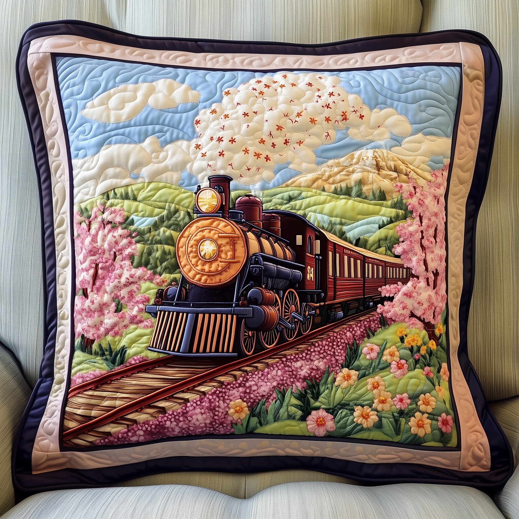 Blossom Trail Quilted Pillow Case Throw Pillow Cover ItemUnusual Gifts For Train Lovers